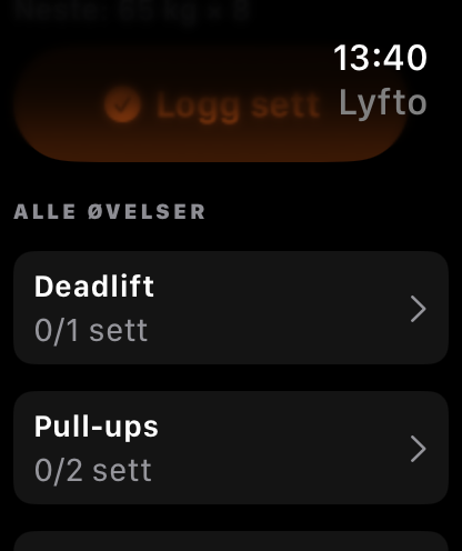 Lyfto Apple Watch exercise list showing Deadlift and Pull-ups.